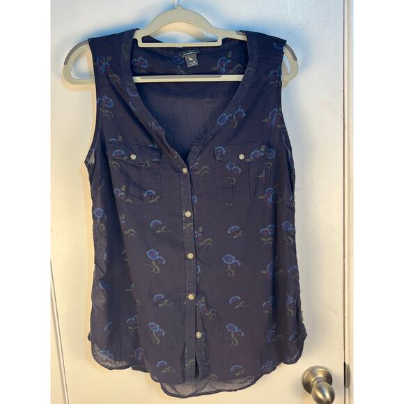 Eddie Bauer Shirt Medium Sheer Blue Floral Boho Western - Picture 1 of 4